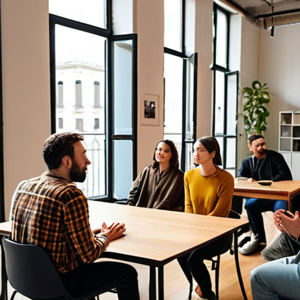 **

Prompt: A diverse group of people engaged in active listening. One person is speaking, while others are attentively listening with empathetic facial expressions, conveying understanding and support. The scene is set in a brightly lit co-working space in Milan, Italy, with modern furniture and large windows overlooking a bustling city street. Soft, warm lighting enhances the feeling of connection and collaboration. Focus on realistic human expressions and detailed textures.

**