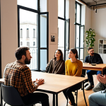 **

Prompt: A diverse group of people engaged in active listening. One person is speaking, while others are attentively listening with empathetic facial expressions, conveying understanding and support. The scene is set in a brightly lit co-working space in Milan, Italy, with modern furniture and large windows overlooking a bustling city street. Soft, warm lighting enhances the feeling of connection and collaboration. Focus on realistic human expressions and detailed textures.

**