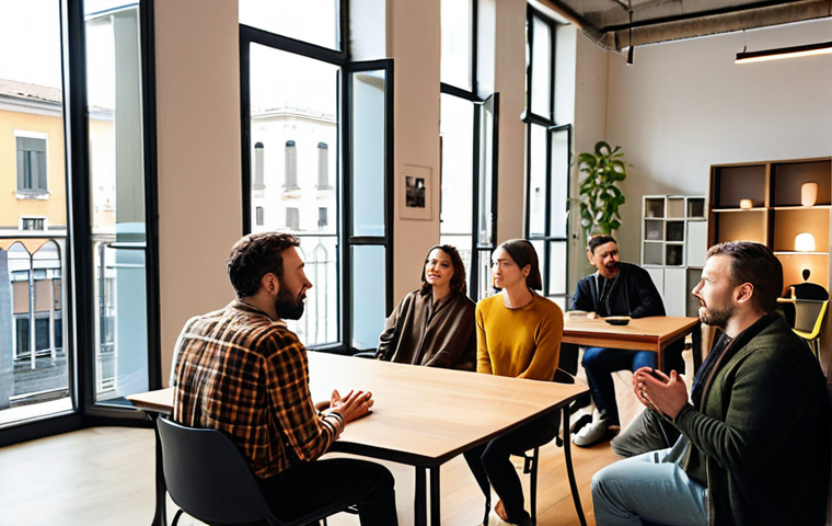 **
Prompt: A diverse group of people engaged in active listening. One person is speaking, while others are attentively listening with empathetic facial expressions, conveying understanding and support. The scene is set in a brightly lit co-working space in Milan, Italy, with modern furniture and large windows overlooking a bustling city street. Soft, warm lighting enhances the feeling of connection and collaboration. Focus on realistic human expressions and detailed textures.
**