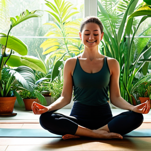 Home 6 **
A person sitting in a yoga pose in a sunlit studio, surrounded by lush green plants. Soft, diffused light filters through the window, creating a calming and serene atmosphere. The person is meditating with a gentle smile, hands resting on their knees, representing emotional resilience and self-care. Include elements evoking a sense of inner peace.
**