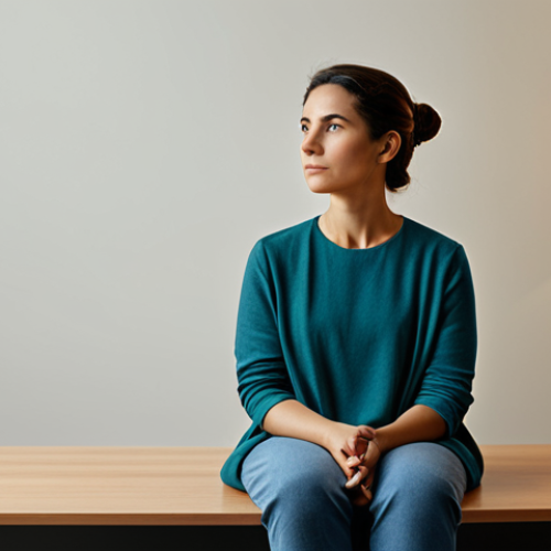 A thoughtful adult individual in modest, comfortable, appropriate attire, sitting contemplatively in a modern, serene psychotherapy office. The person's posture is natural and relaxed, conveying introspection and deep thought. Soft, warm lighting enhances the calm atmosphere. fully clothed, safe for work, appropriate content, professional, perfect anatomy, correct proportions, natural pose, well-formed hands, proper finger count, natural body proportions, high-quality professional photography.