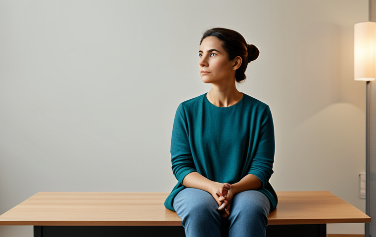 A thoughtful adult individual in modest, comfortable, appropriate attire, sitting contemplatively in a modern, serene psychotherapy office. The person's posture is natural and relaxed, conveying introspection and deep thought. Soft, warm lighting enhances the calm atmosphere. fully clothed, safe for work, appropriate content, professional, perfect anatomy, correct proportions, natural pose, well-formed hands, proper finger count, natural body proportions, high-quality professional photography.