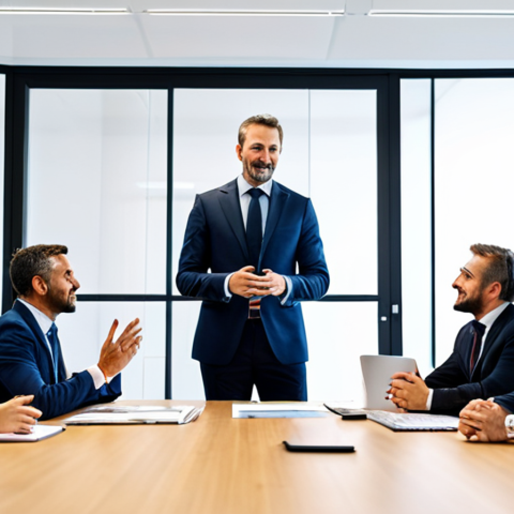 ** A team meeting in a brightly lit office in Milan. A positive and confident leader is presenting, fully clothed in business attire. Team members are actively listening and engaging. Safe for work. Perfect anatomy, natural proportions, professional setting.

**