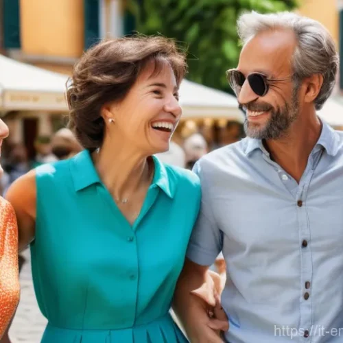 감정전이와 행복 추구 - **Positive Emotional Contagion in a Sunny Piazza:**
    A vibrant, sun-drenched scene in a European-...