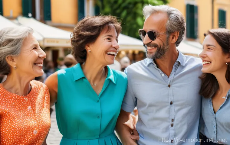 감정전이와 행복 추구 - **Positive Emotional Contagion in a Sunny Piazza:**
    A vibrant, sun-drenched scene in a European-...
