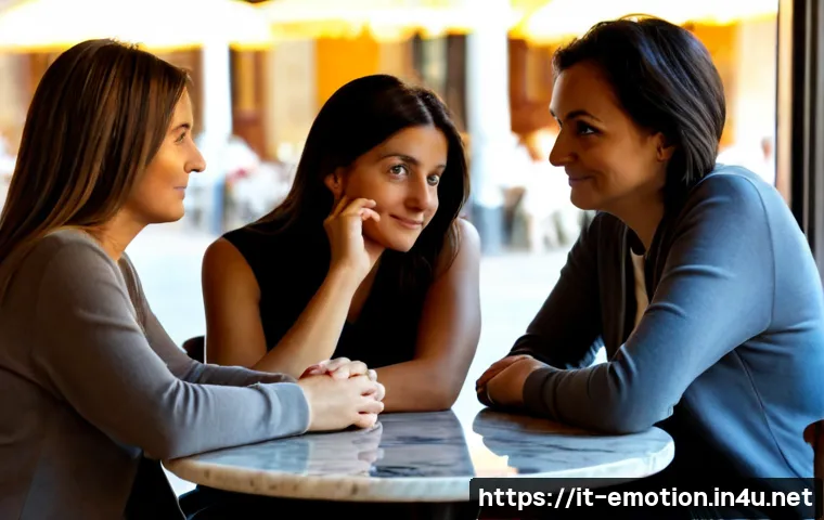감정전이 심리학적 모델 - Photorealistic psychology concept scene in a sunlit Italian café, a calm middle-aged woman’s reassur...