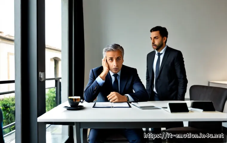 감정전이 부정적 영향 - Photorealistic Italian office scene showing negative emotional contagion: a visibly stressed middle-...